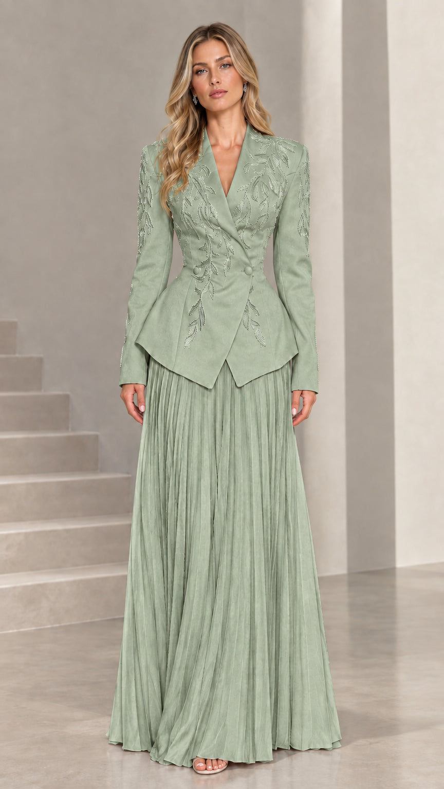 Full-length view of sage green tailored peplum jacket and pleated maxi skirt set
