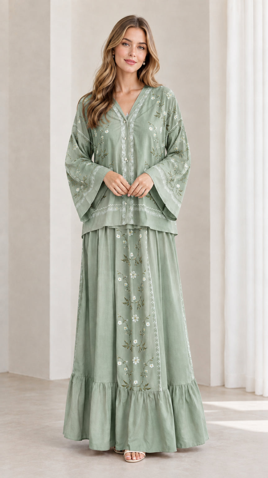 Model wearing sage green floral embroidered two-piece maxi skirt set