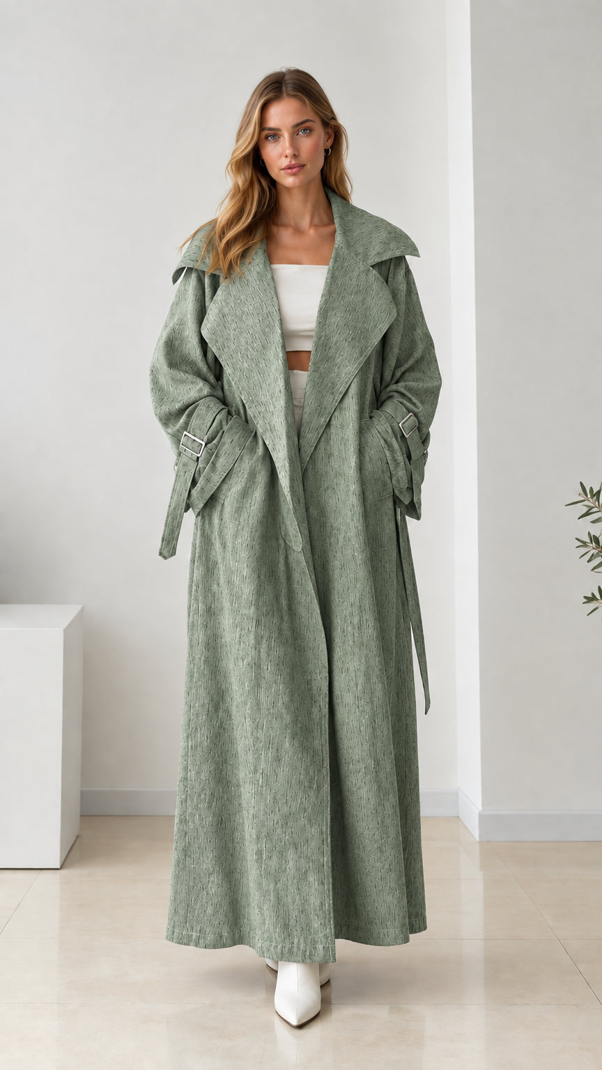 Full front view of women's sage green maxi trench coat