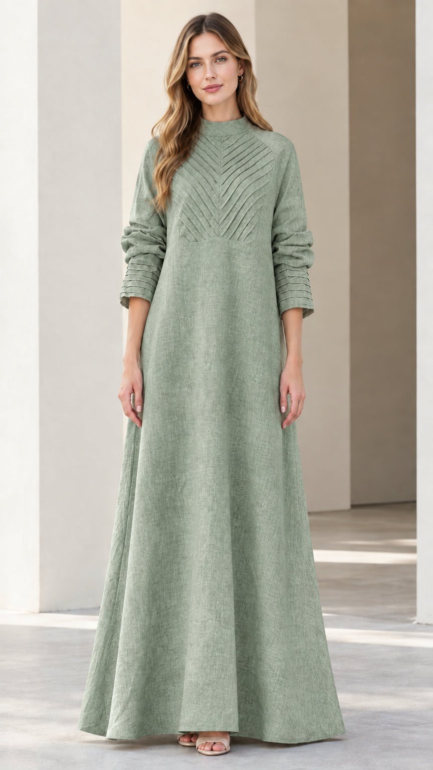 Front view of sage green long sleeve mock neck A-line maxi dress