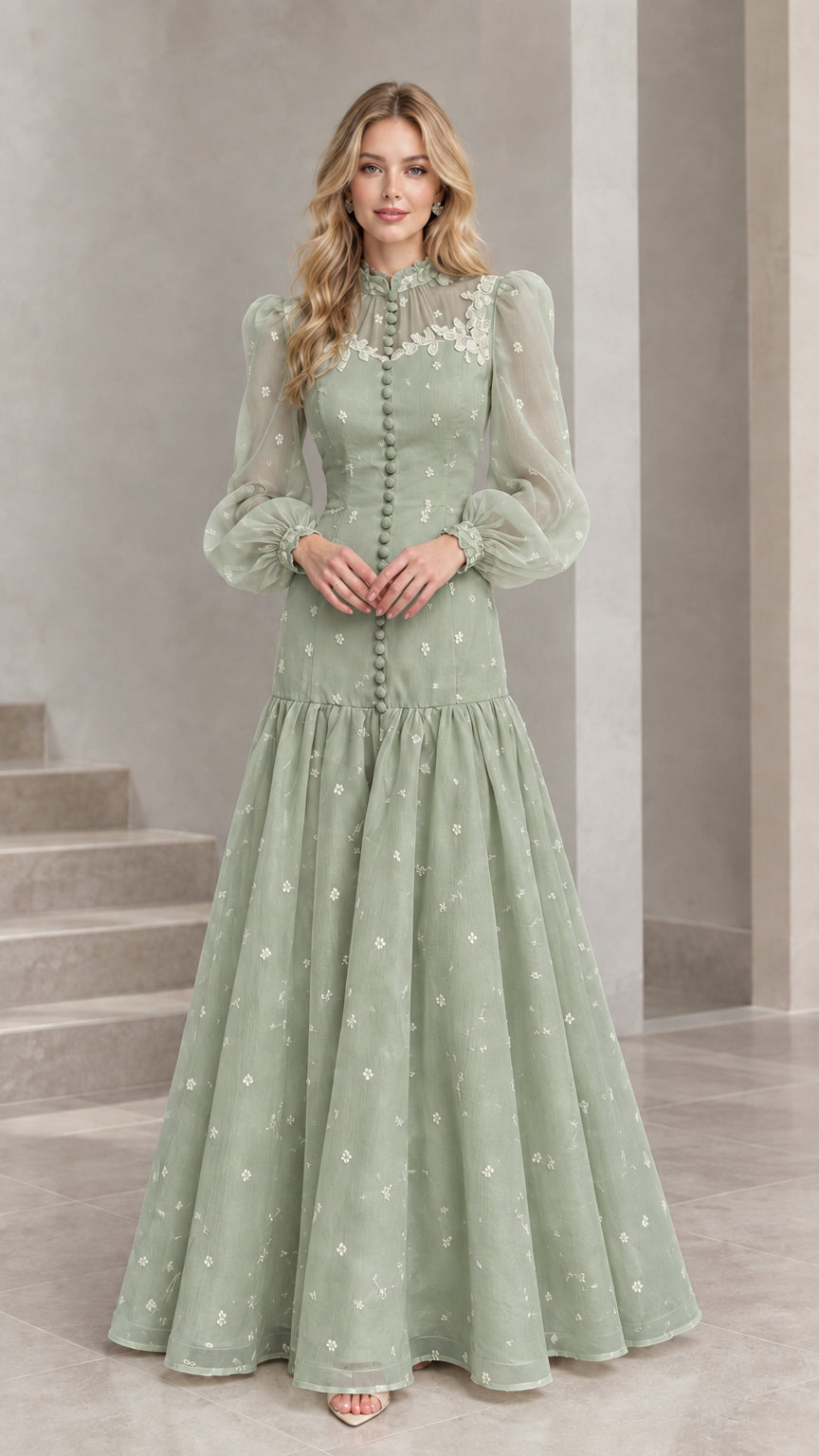Full-length front view of Sage Green Victorian-inspired formal maxi dress