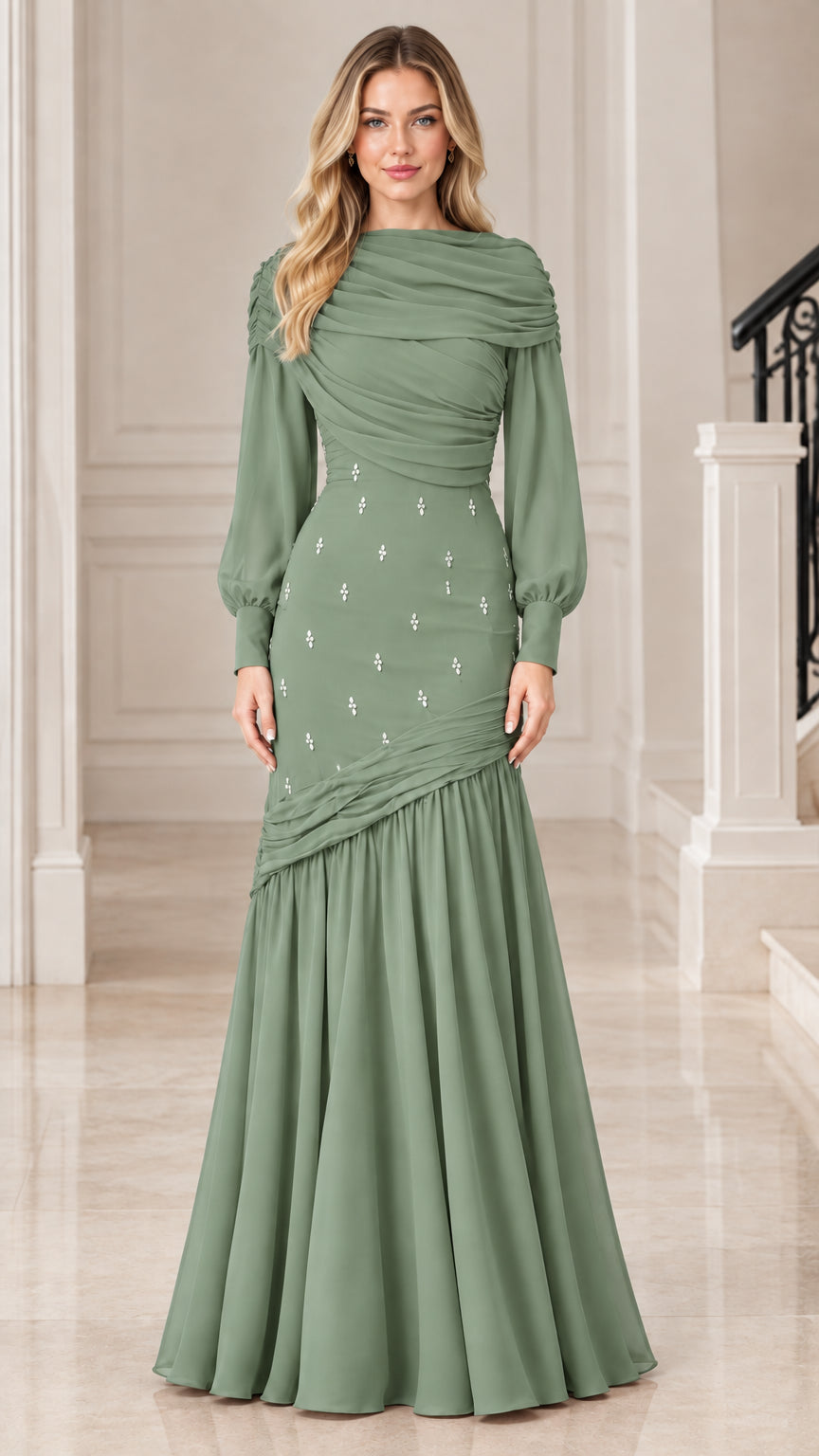 Model wearing Sage Green long sleeve draped evening dress with pleated skirt