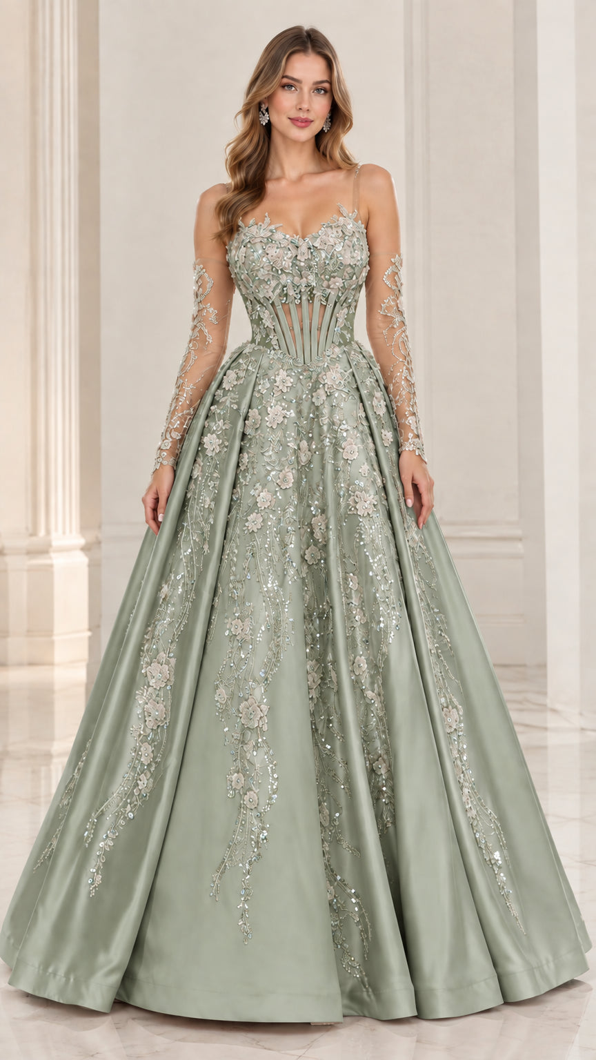 Sage Green floral applique formal ball gown with sheer sleeves