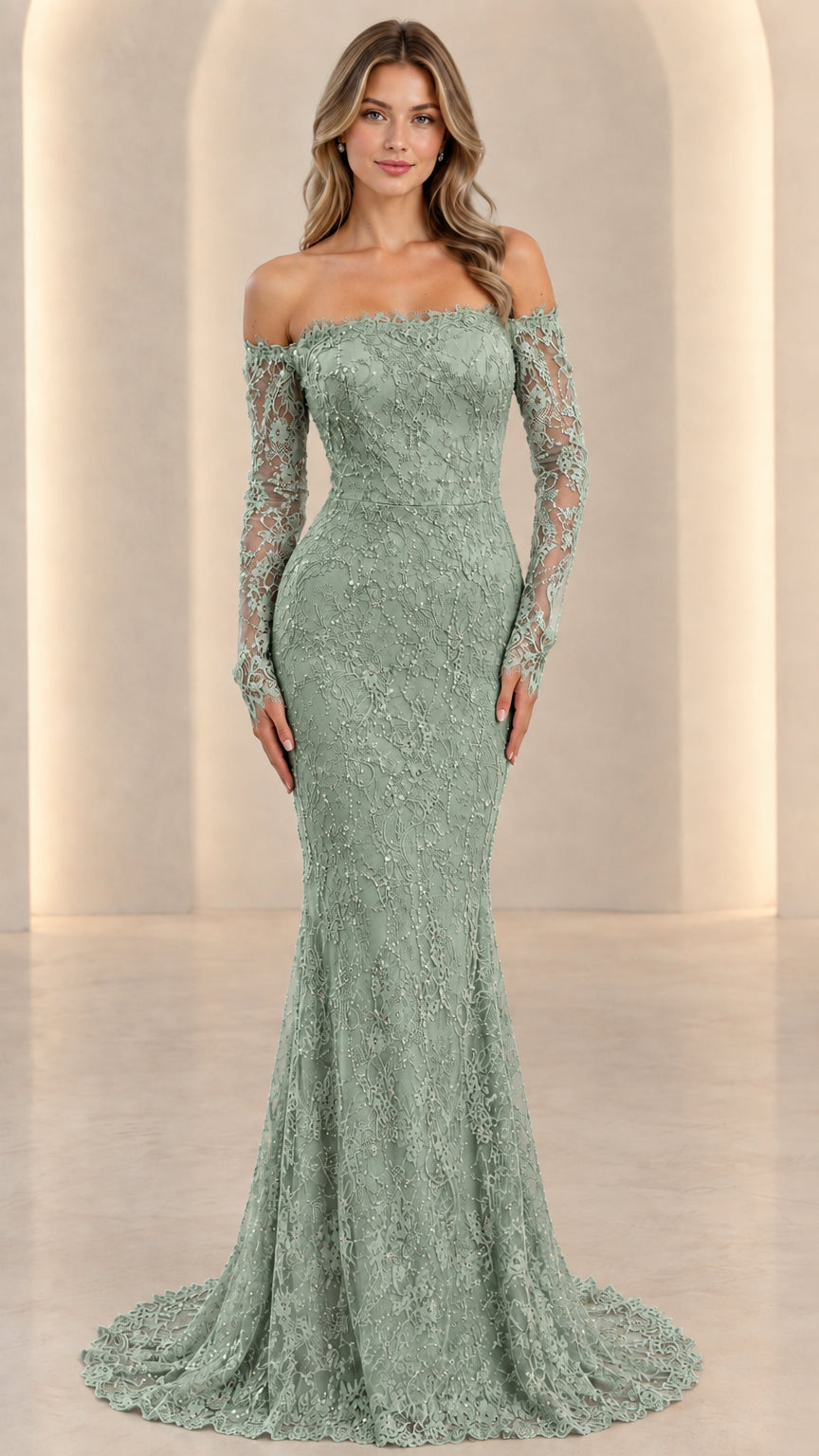 Front full view of sage green off-the-shoulder long sleeve lace mermaid maxi dress