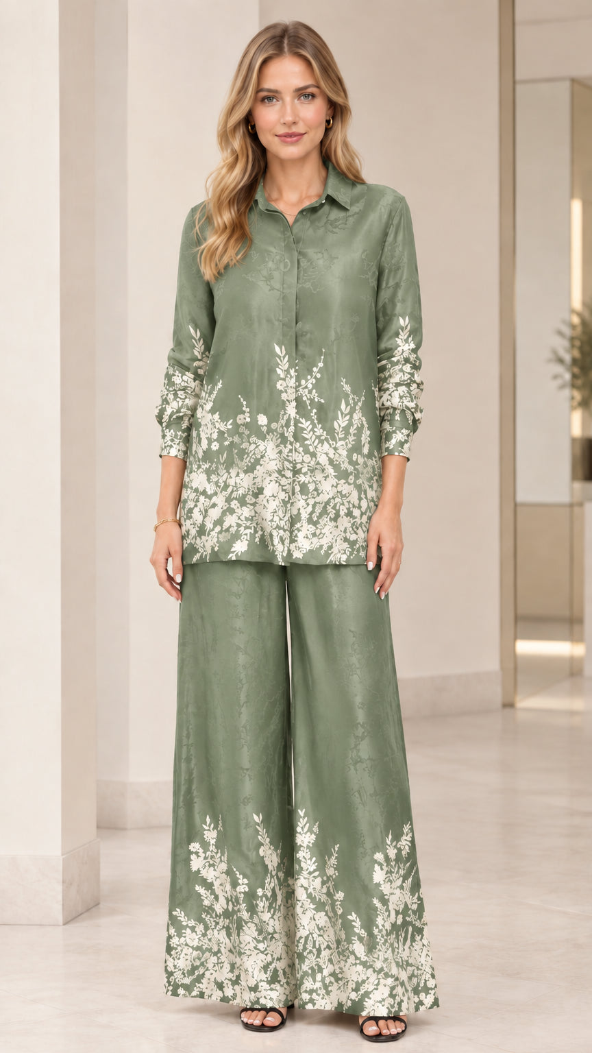 Front full view of women's floral satin matching two-piece set in sage green