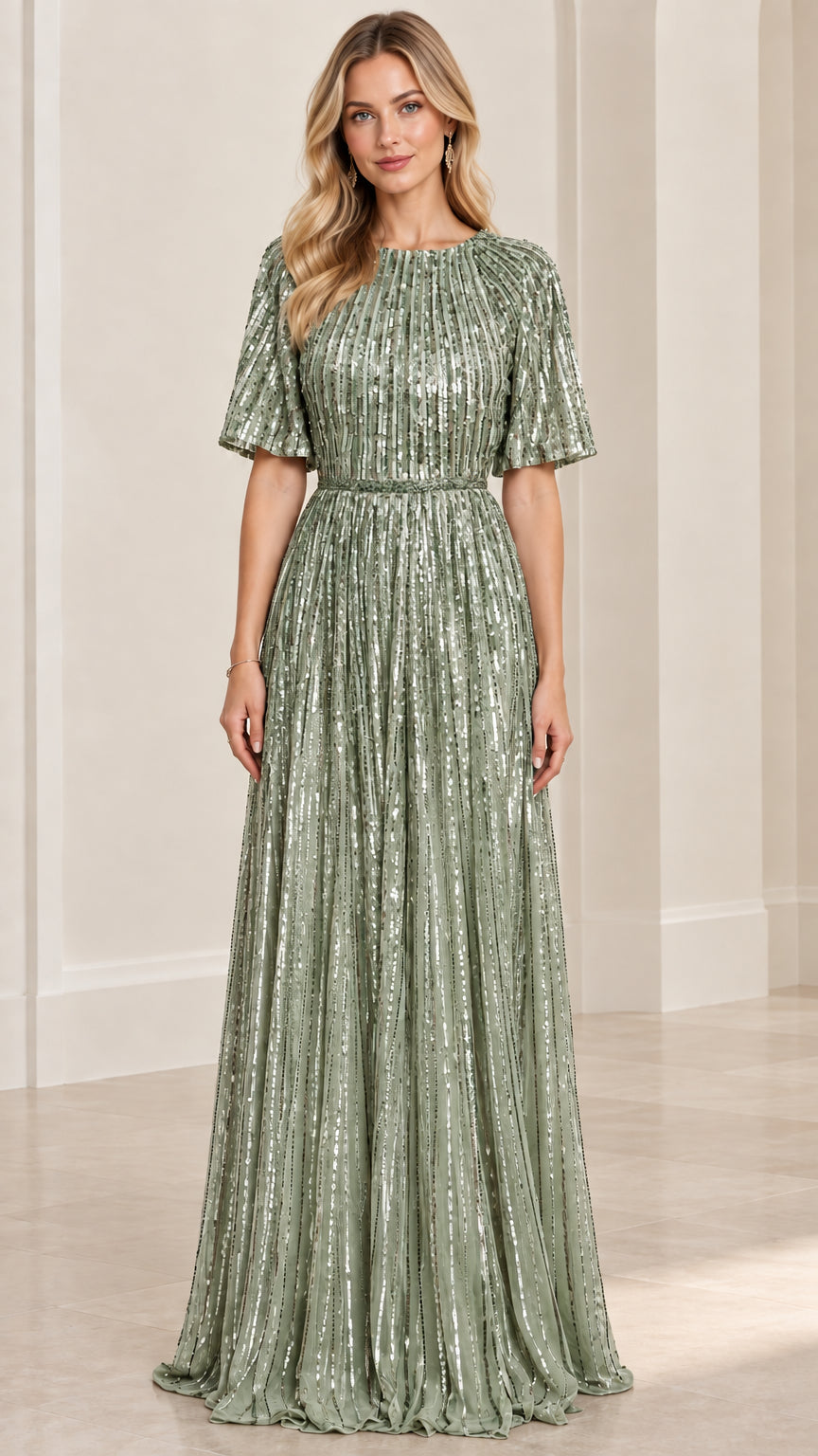 Front view of woman wearing sage green sequin pleated maxi gown