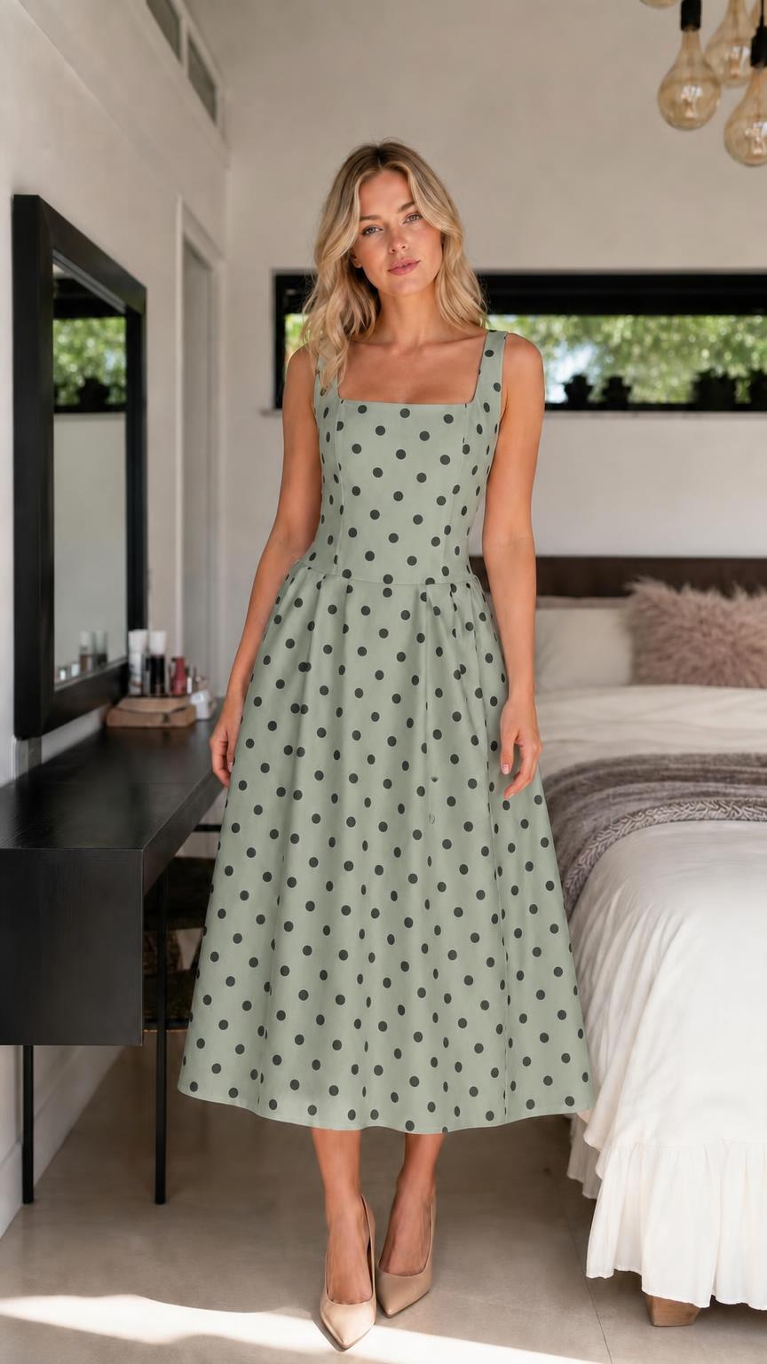 Front view of woman wearing sage green polka dot midi dress