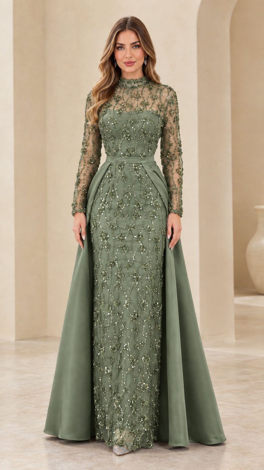 Sage green beaded lace evening dress with high mock neck and dramatic overskirt