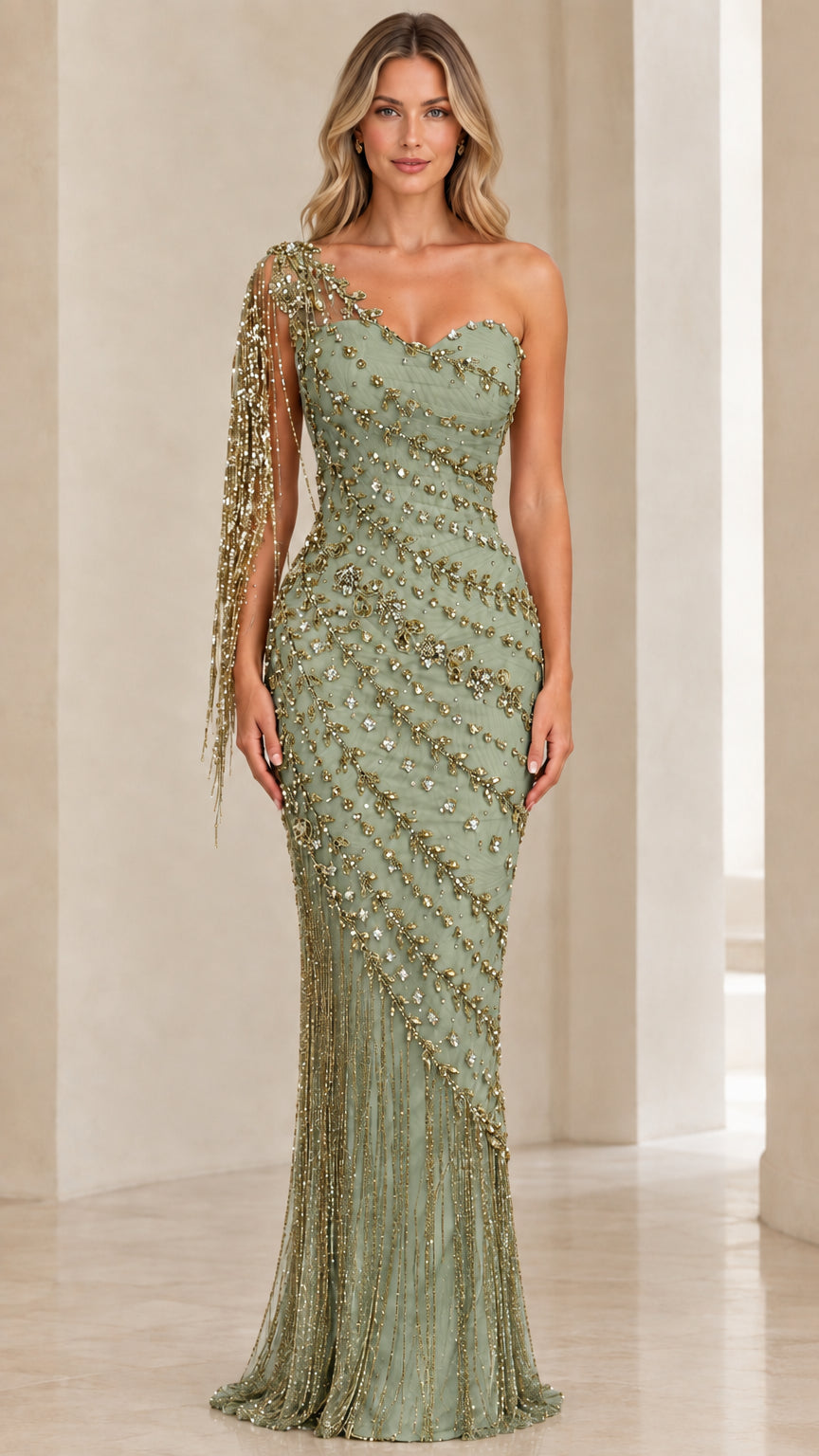 Front view of model wearing Sage Green one-shoulder beaded fringe floor-length dress