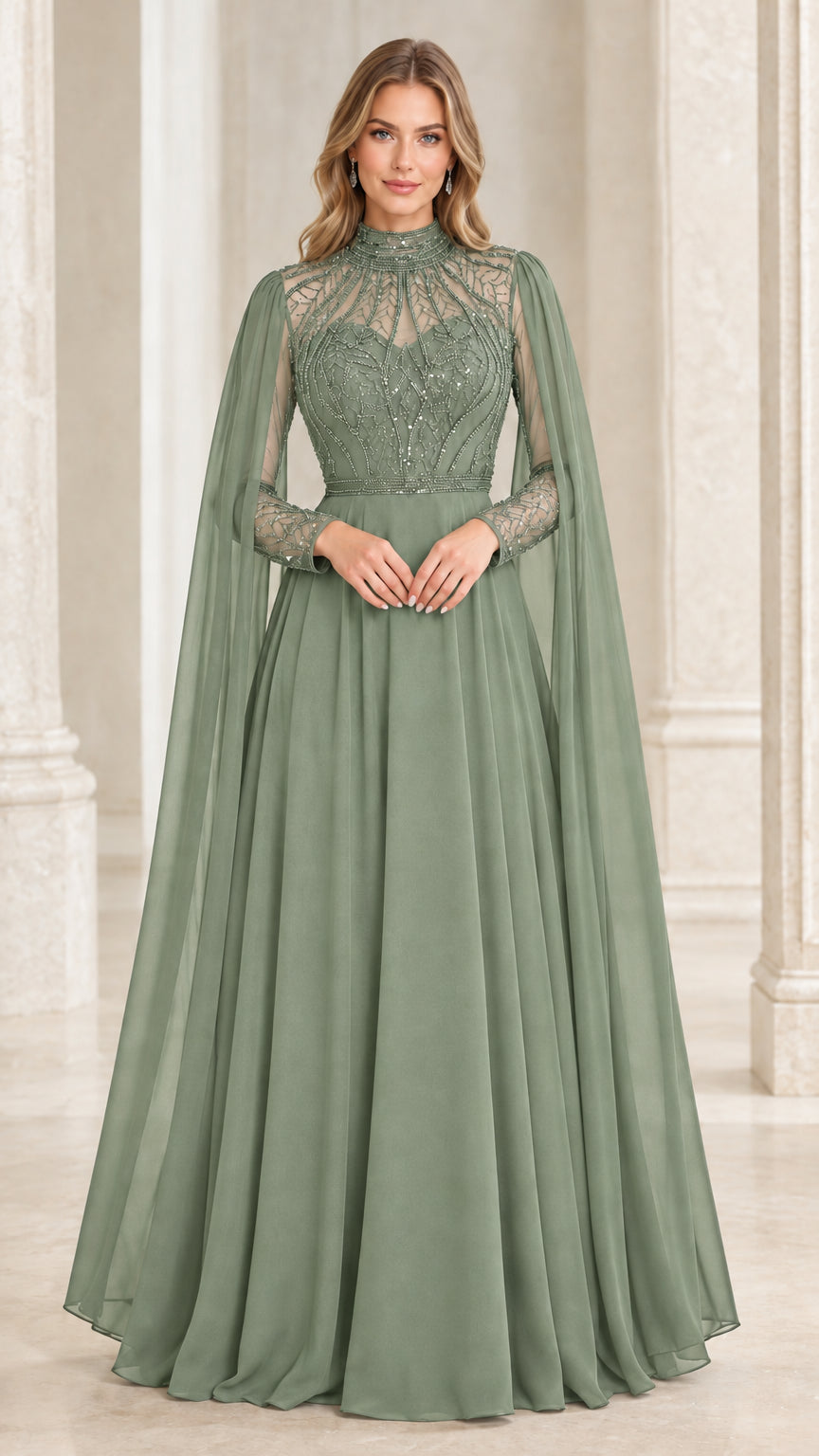 Front view of sage green cape sleeve beaded evening gown
