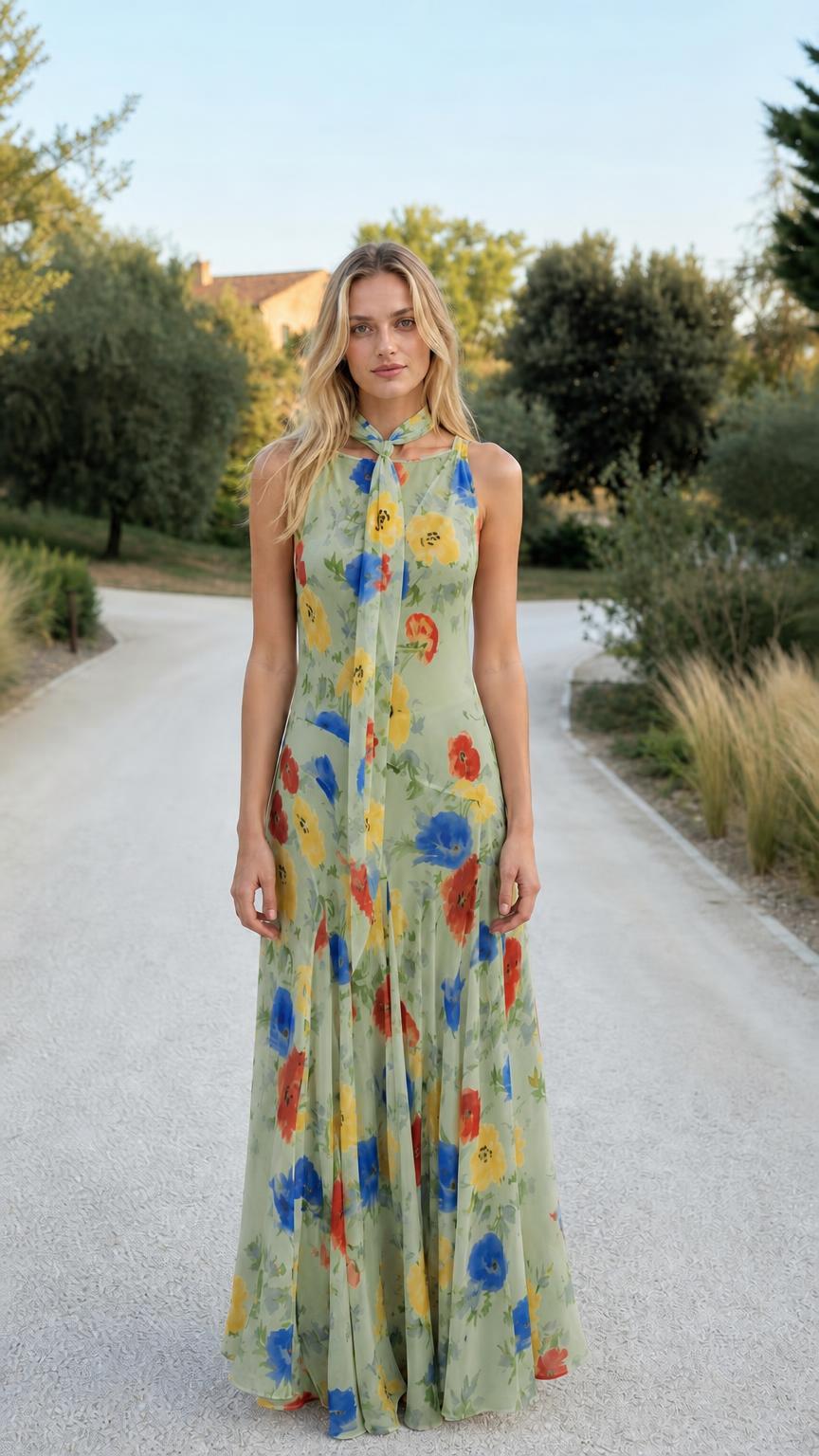Model wearing green variant of the floral halter maxi dress