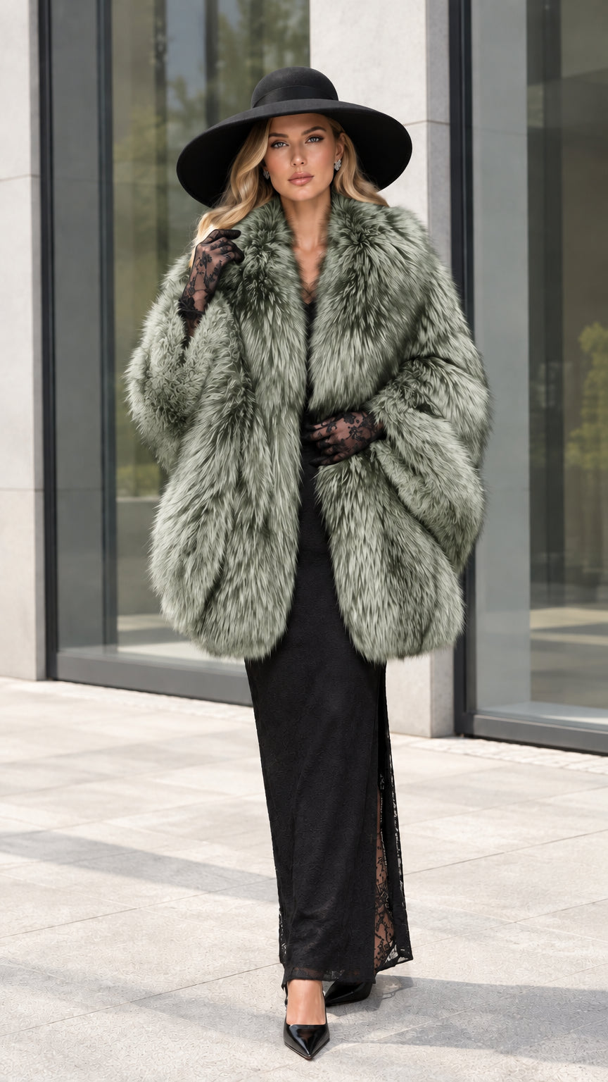 Full front view of model wearing Sage Green plush faux fur cocoon coat