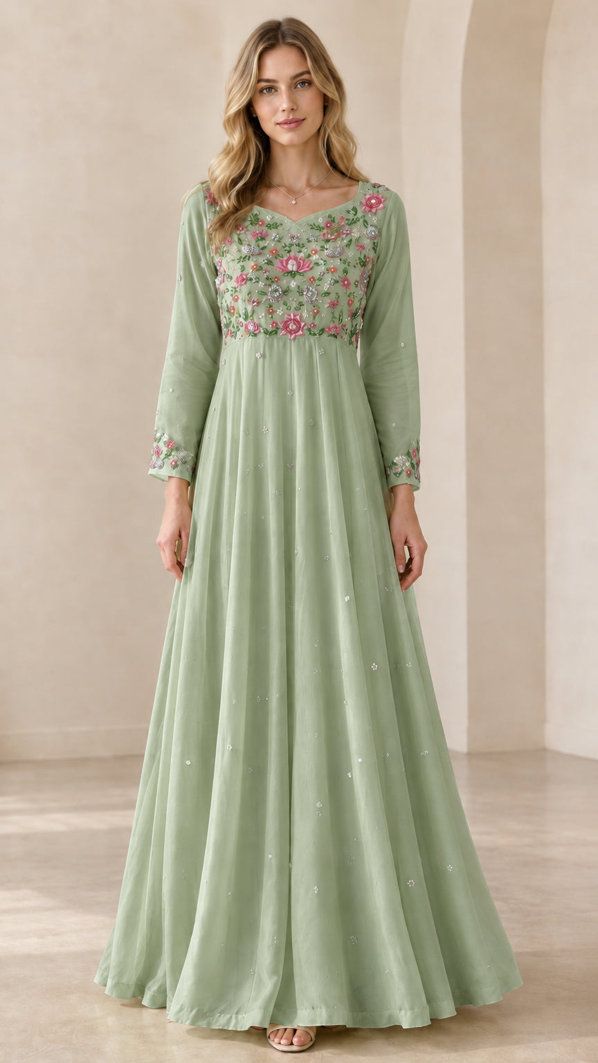 Sage green floral embroidered long sleeve floor-length dress