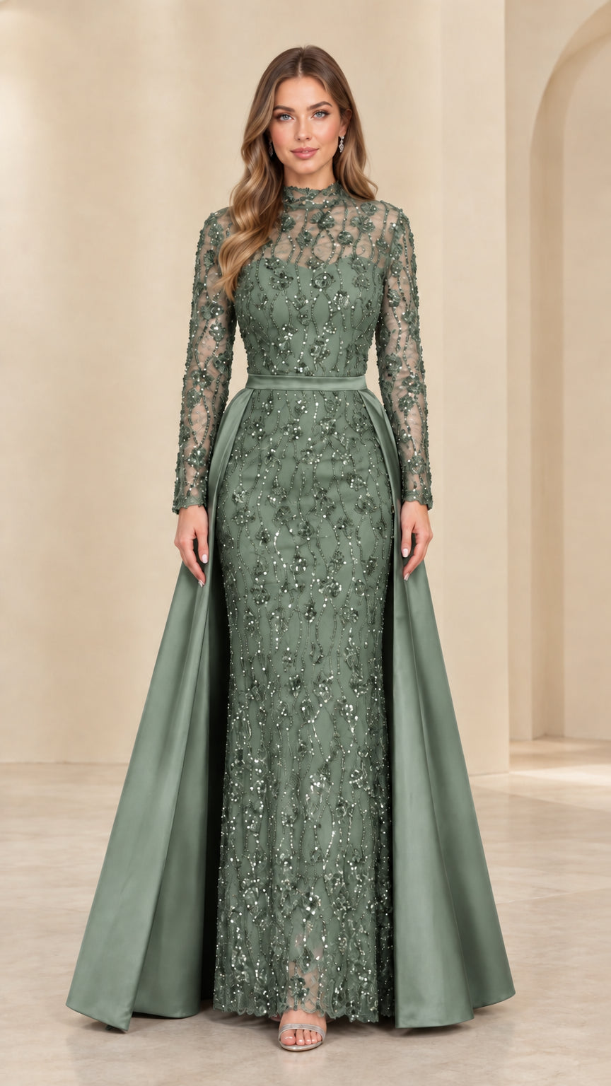 Front view of model in Sage Green sequined long sleeve gown with satin overskirt