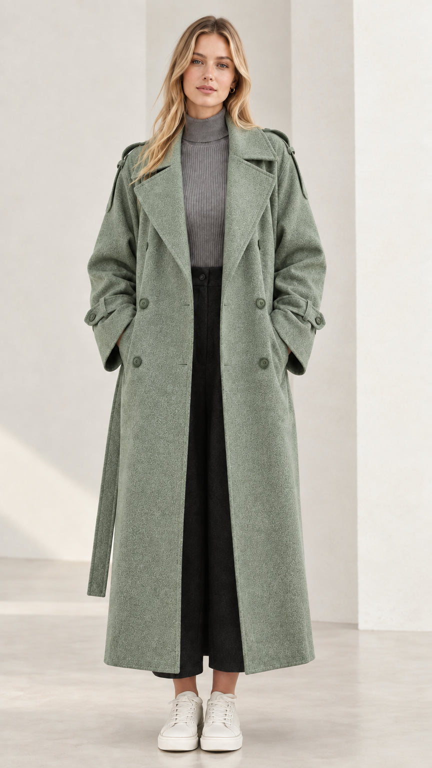 Front view of longline sage green textured trench coat