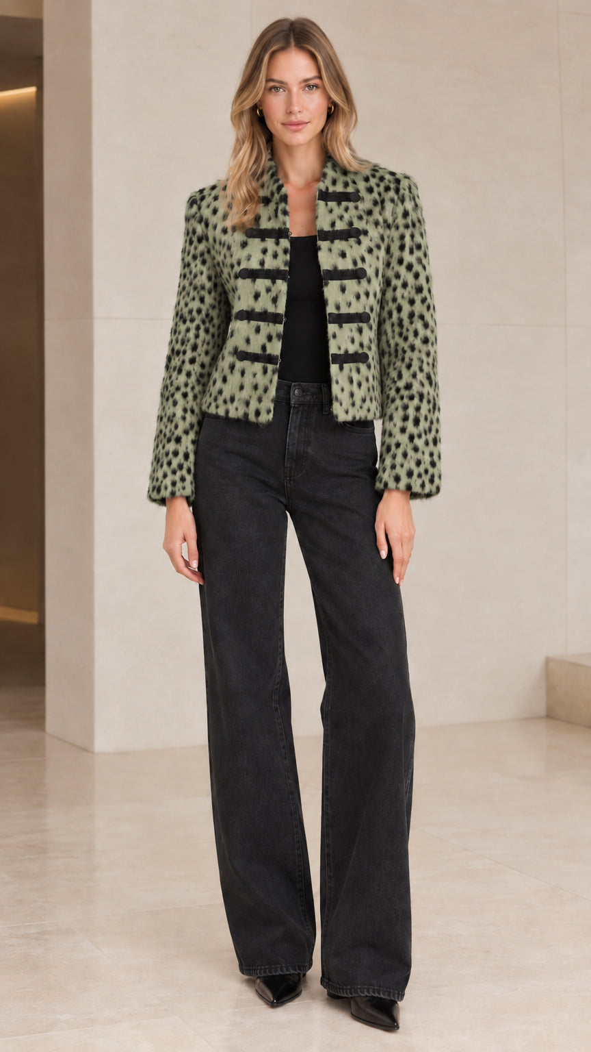 Model wearing Sage Green Leopard textured cropped military jacket