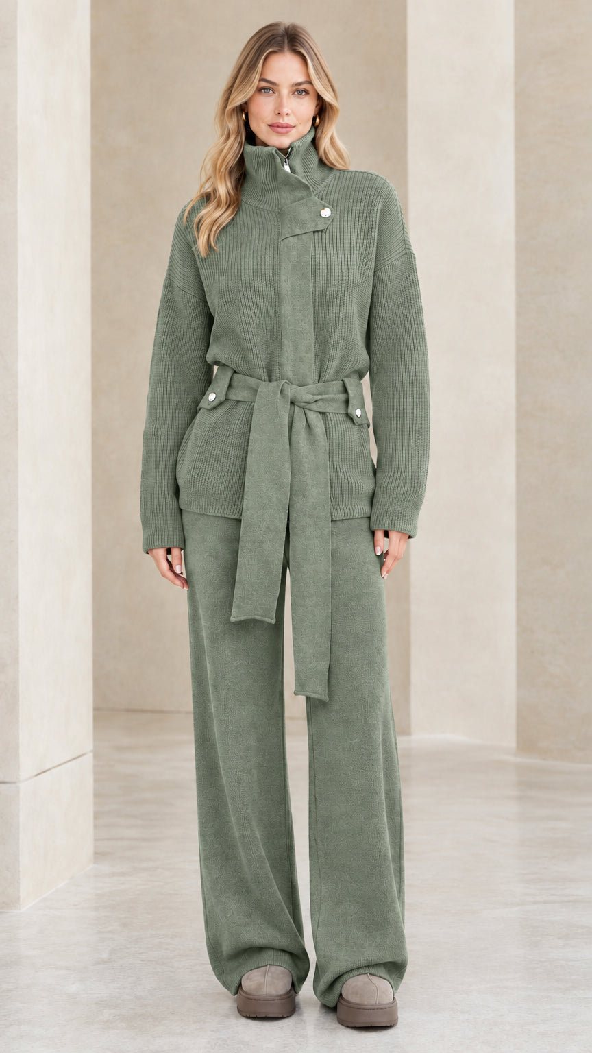 Full-length front view of the relaxed ribbed knit sweater and trousers set in sage green