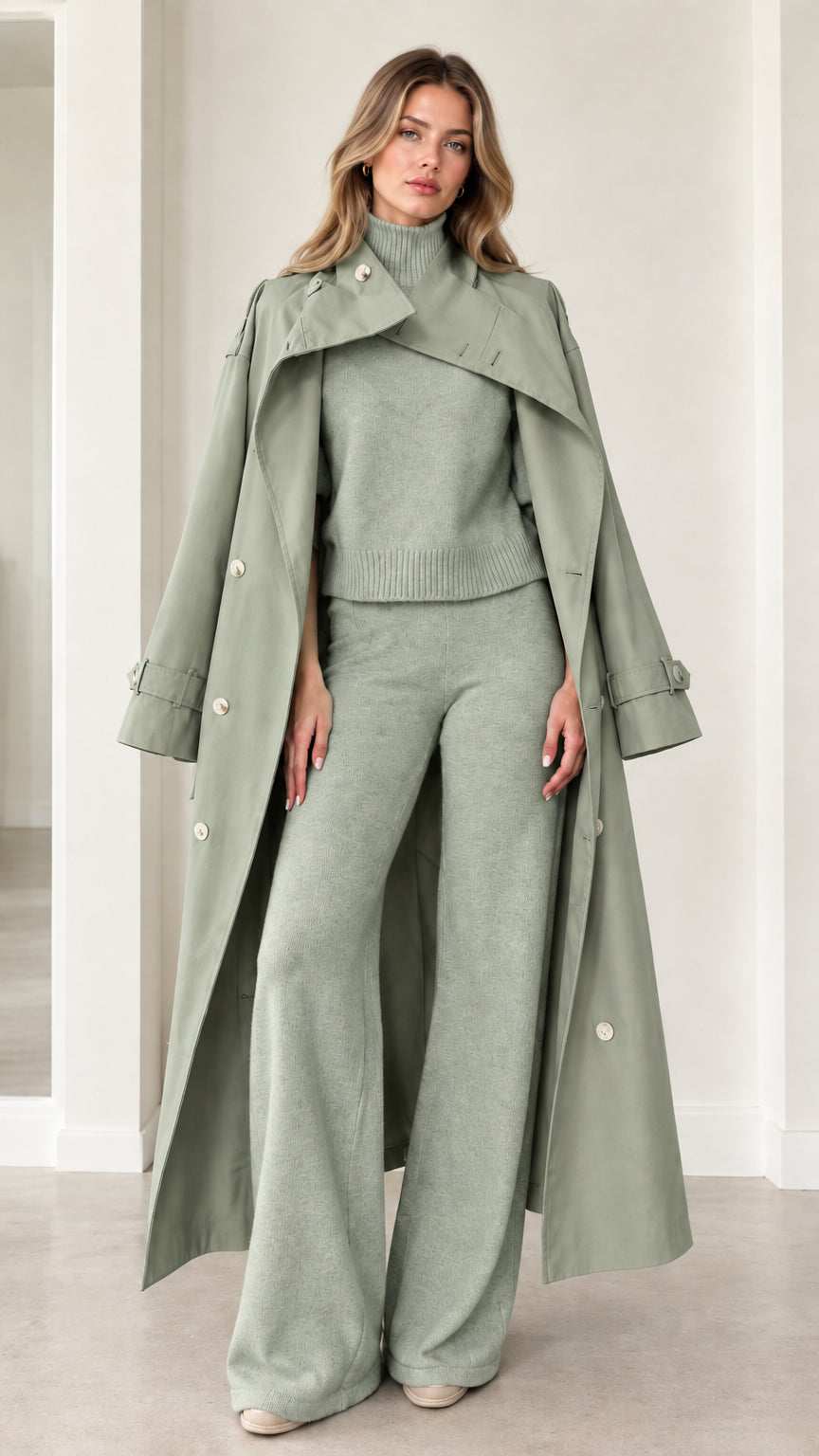 Full-length front view of sage green cape-collar maxi trench coat