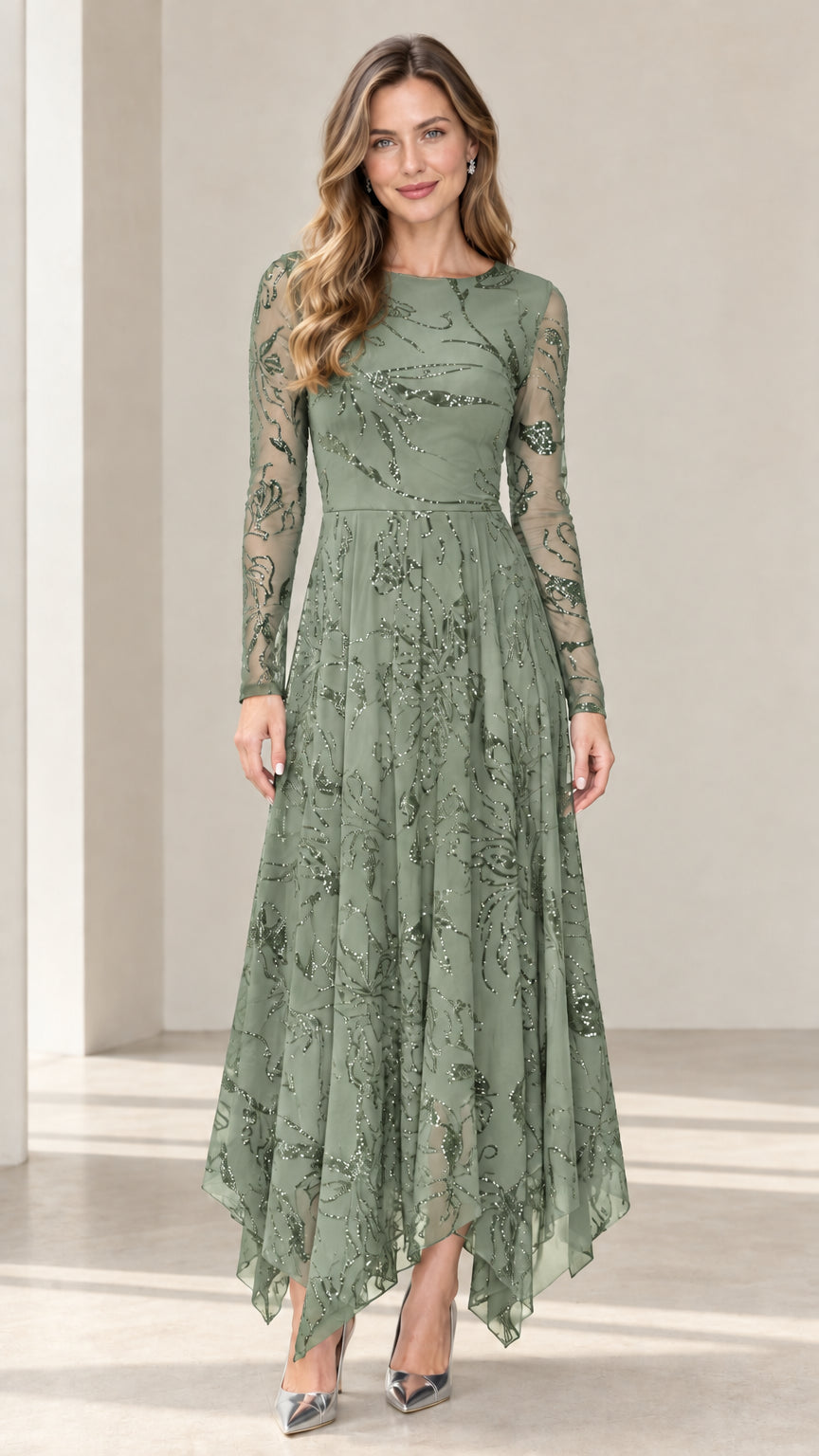 Front view of sage green sequin embroidered long sleeve handkerchief hem dress