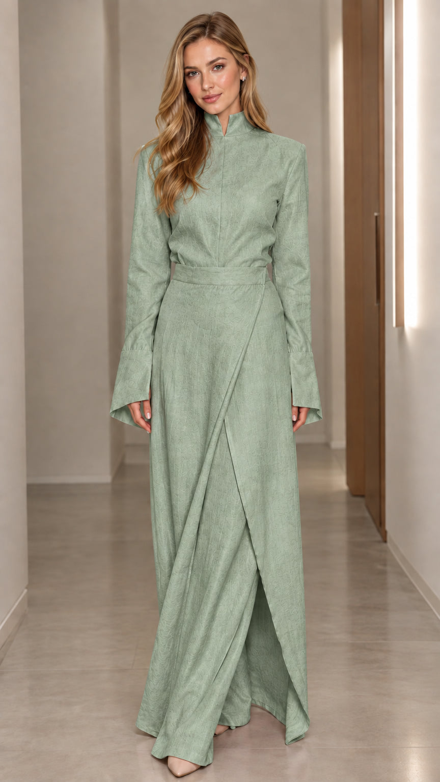 Front full view of woman wearing Sage Green long sleeve mandarin collar wrap maxi dress