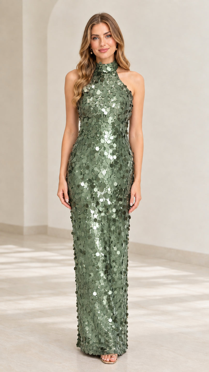 Sage green high neck sequin sleeveless evening dress