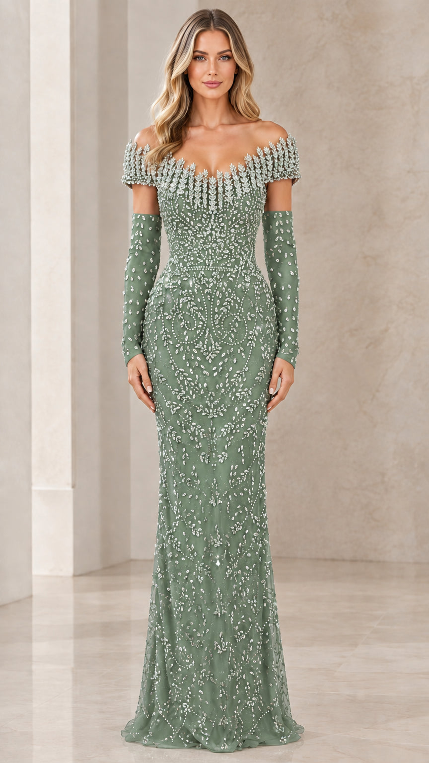 Sage green crystal embellished formal gown with matching long gloves