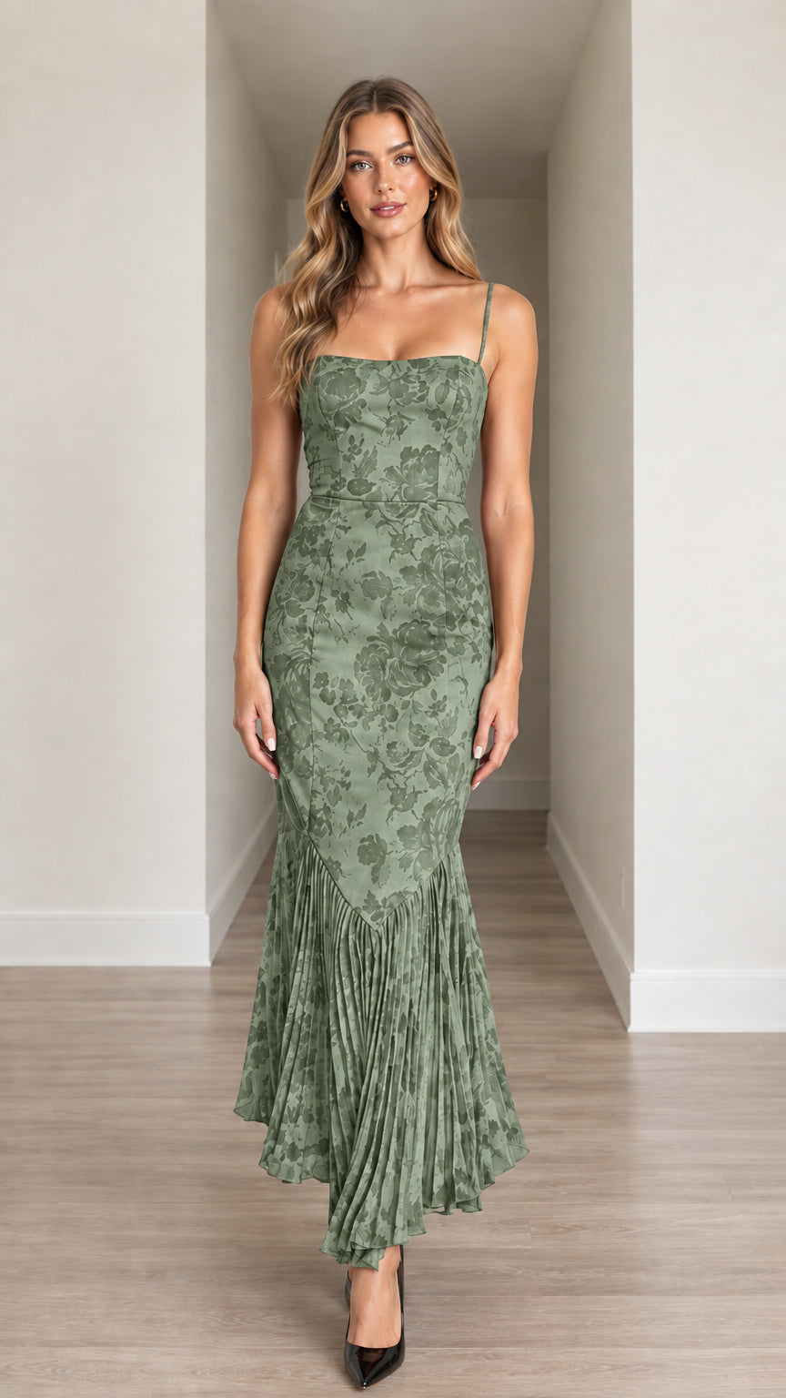 Front view of model wearing Sage Green Floral Jacquard Pleated Mermaid Hem Midi Dress