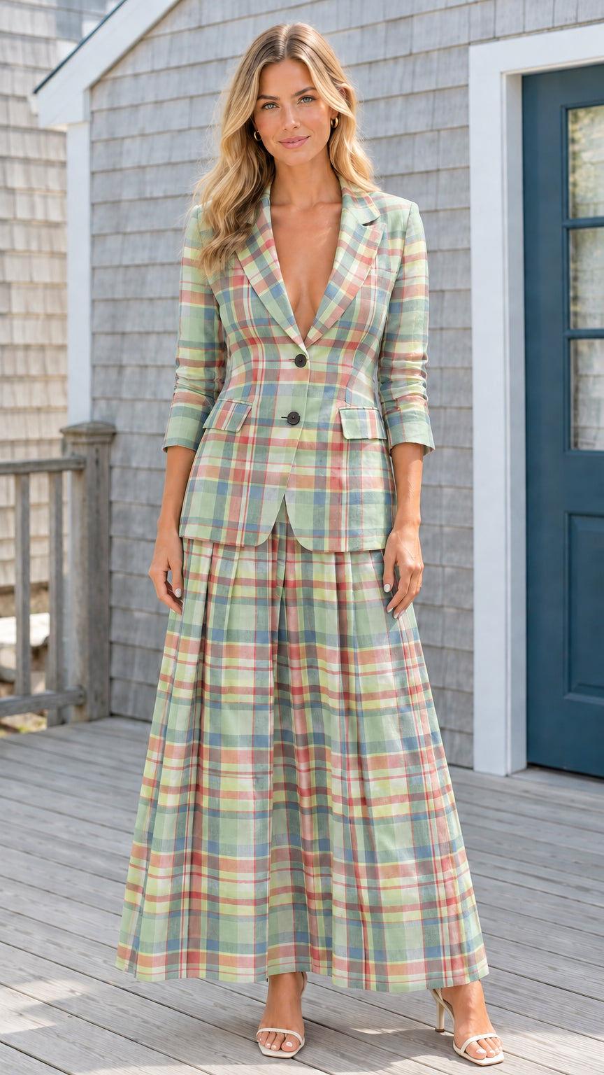 Sage green multi plaid blazer and matching pleated maxi skirt set