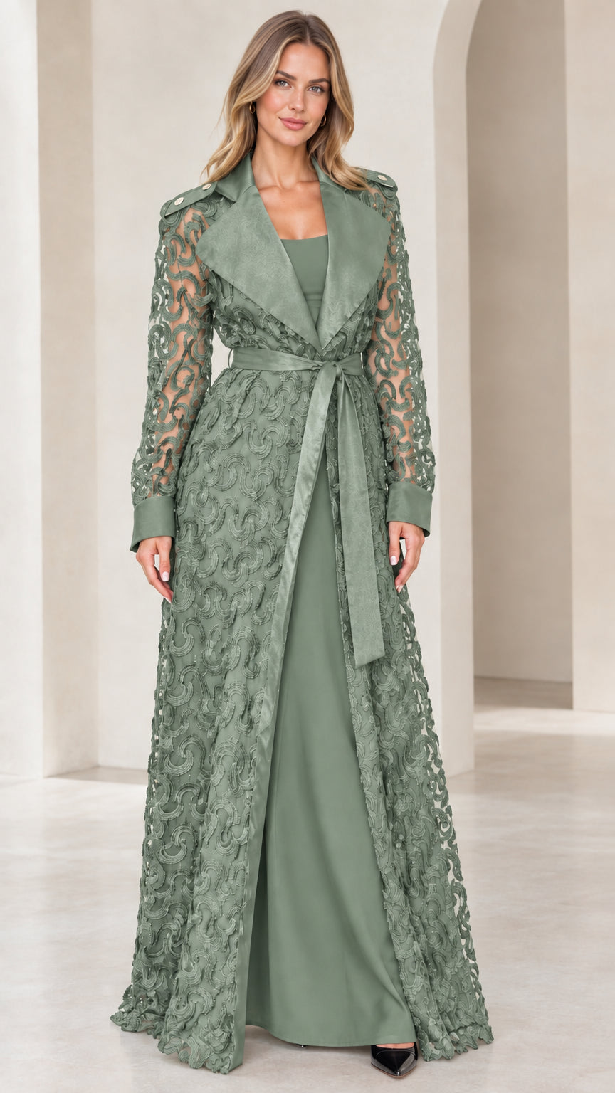 Model wearing sage green floral lace floor-length duster trench coat