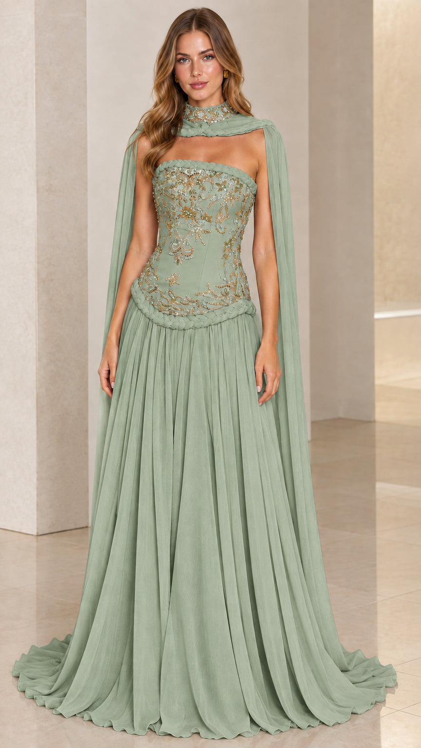 Sage green strapless formal gown with gold beaded bodice and matching green cape