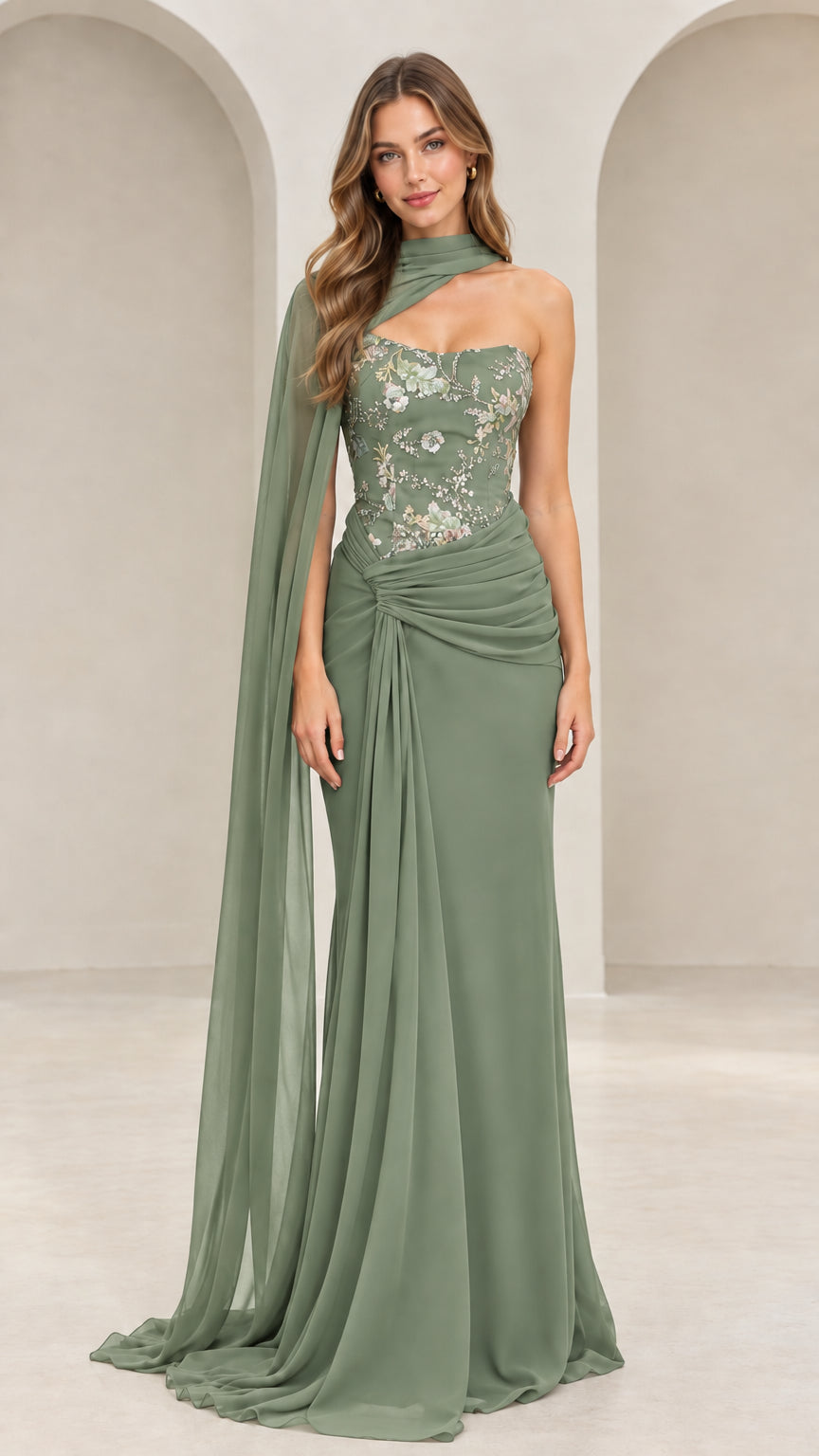 Front view of sage green floral embroidered formal maxi dress with flowing shoulder cape