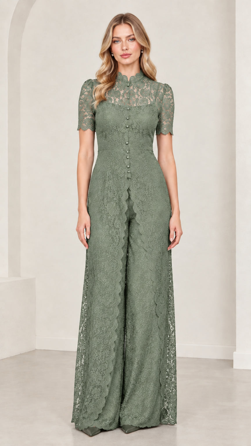 Front full-length view of sage green floral lace wide-leg evening jumpsuit