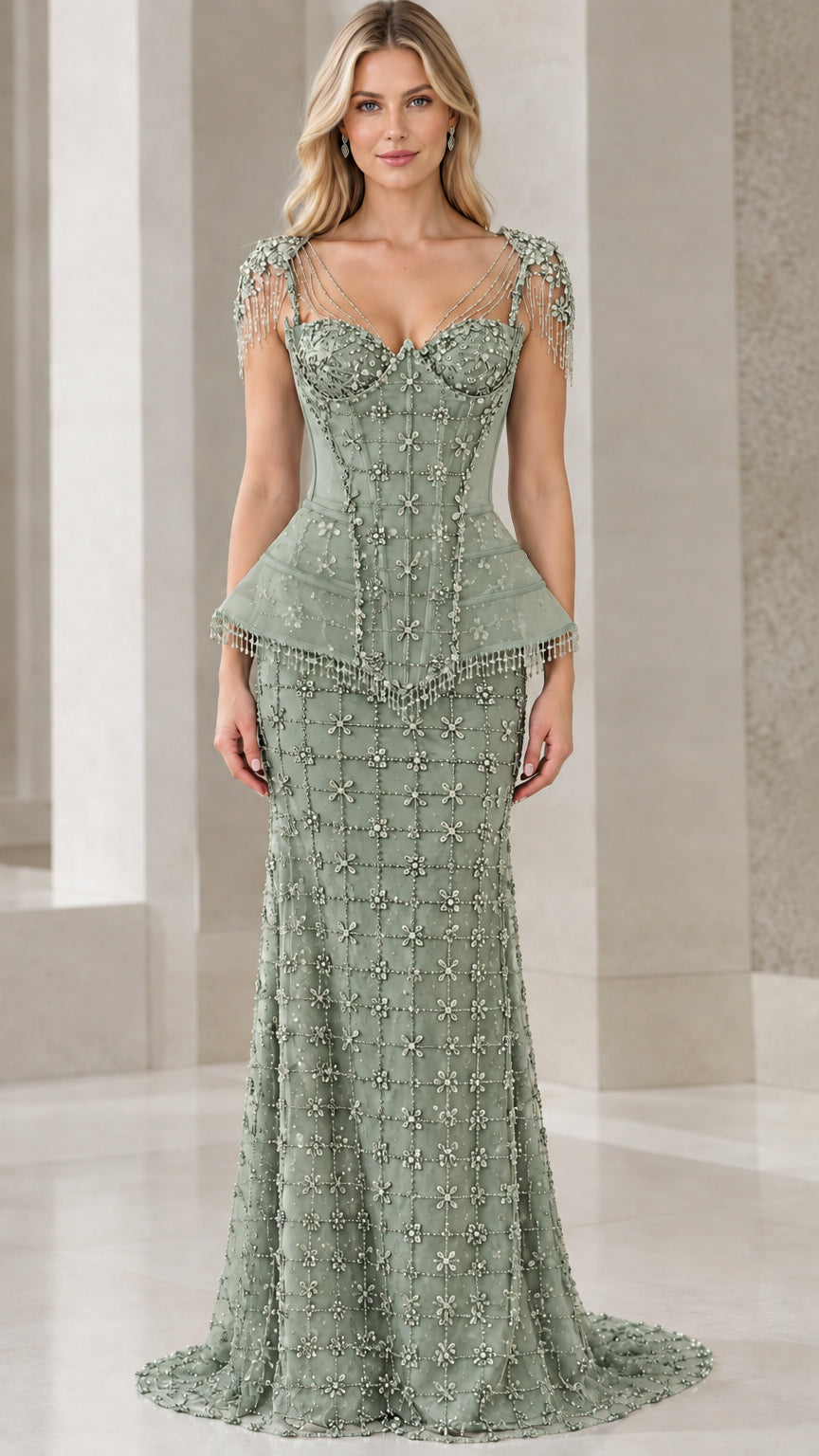 Front view of model wearing sage green beaded corset peplum evening gown