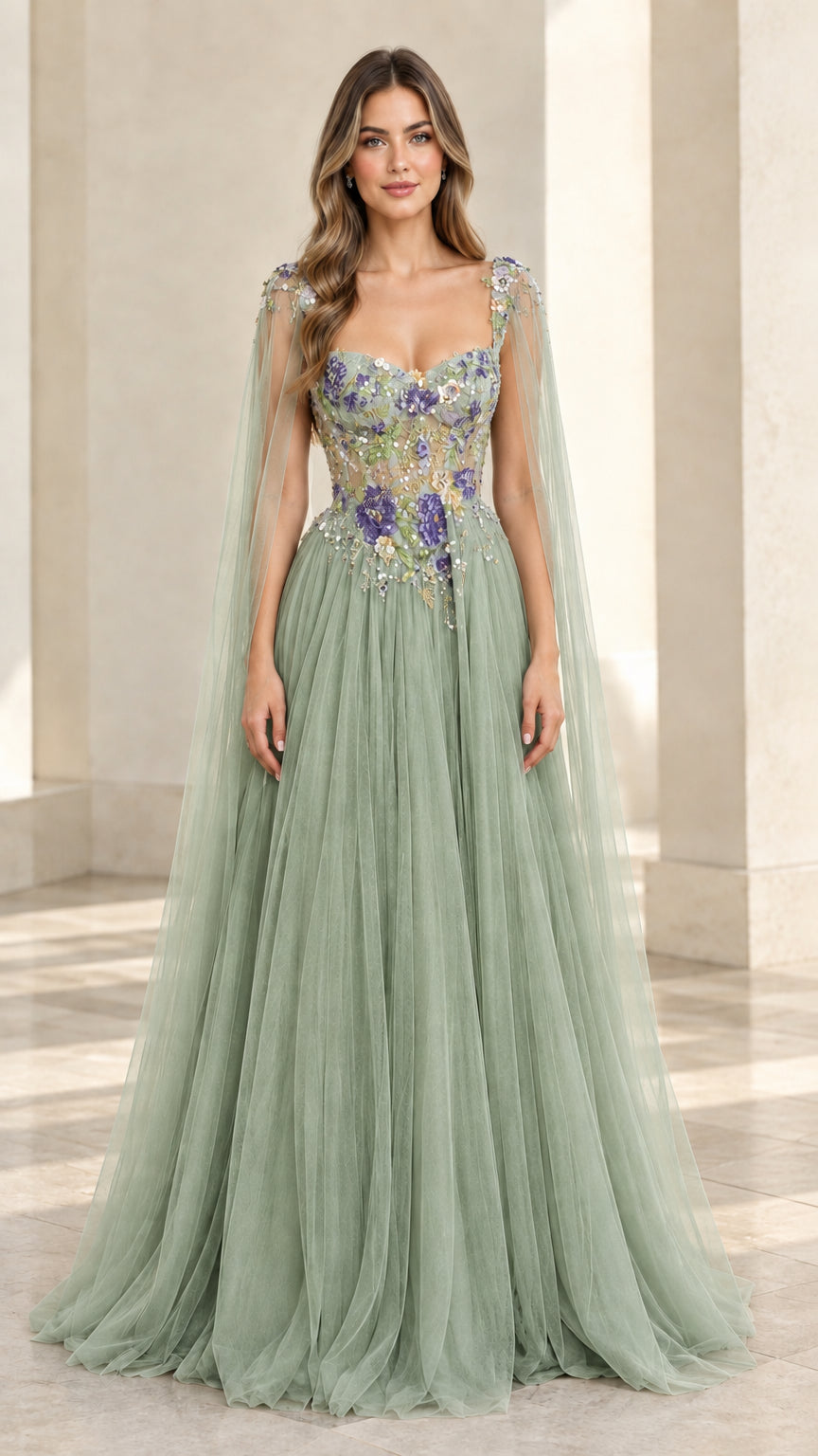 Sage green embroidered tulle evening gown with sheer shoulder cape accents