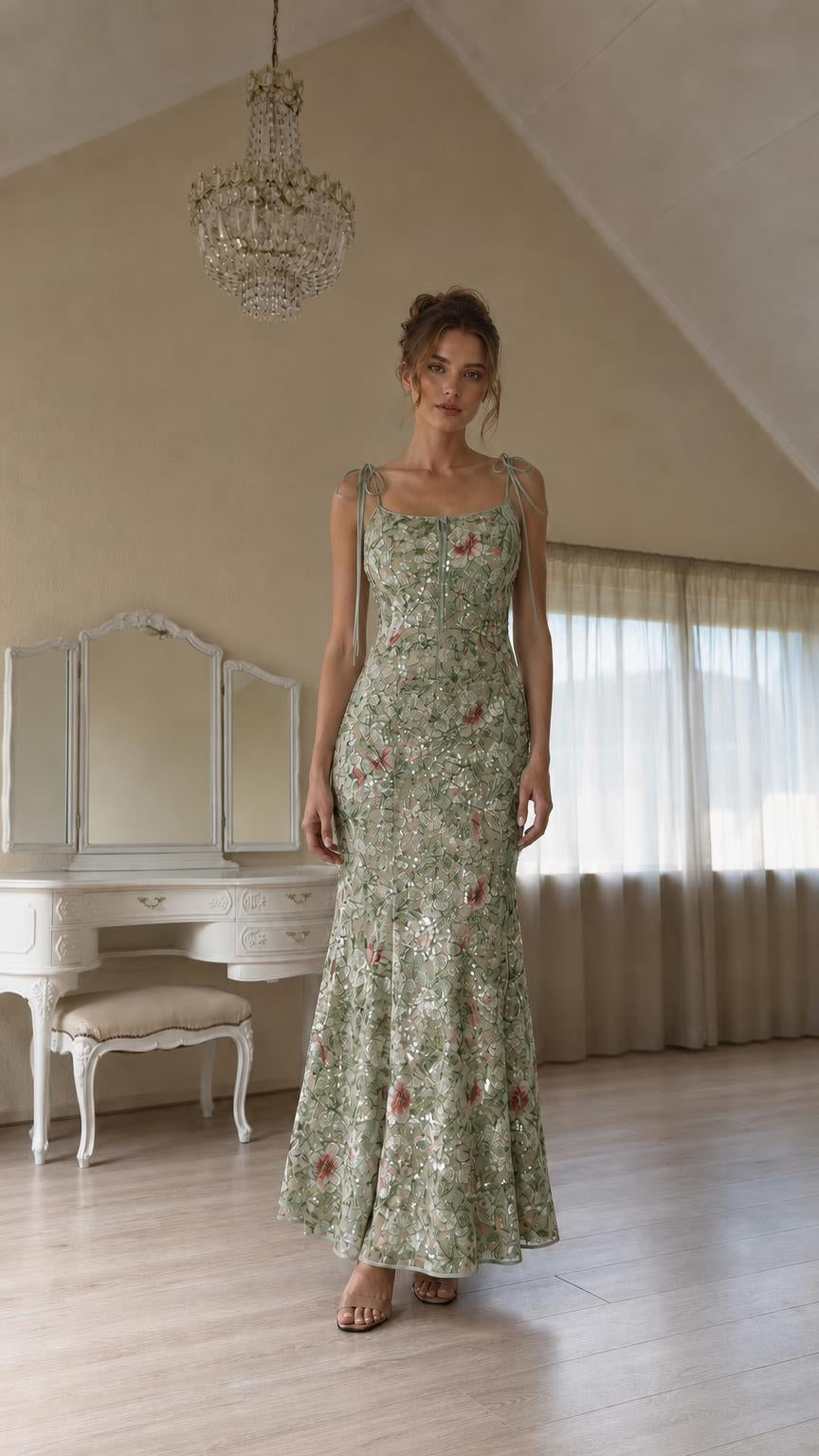 Front view of sage green color variant with floral sequins