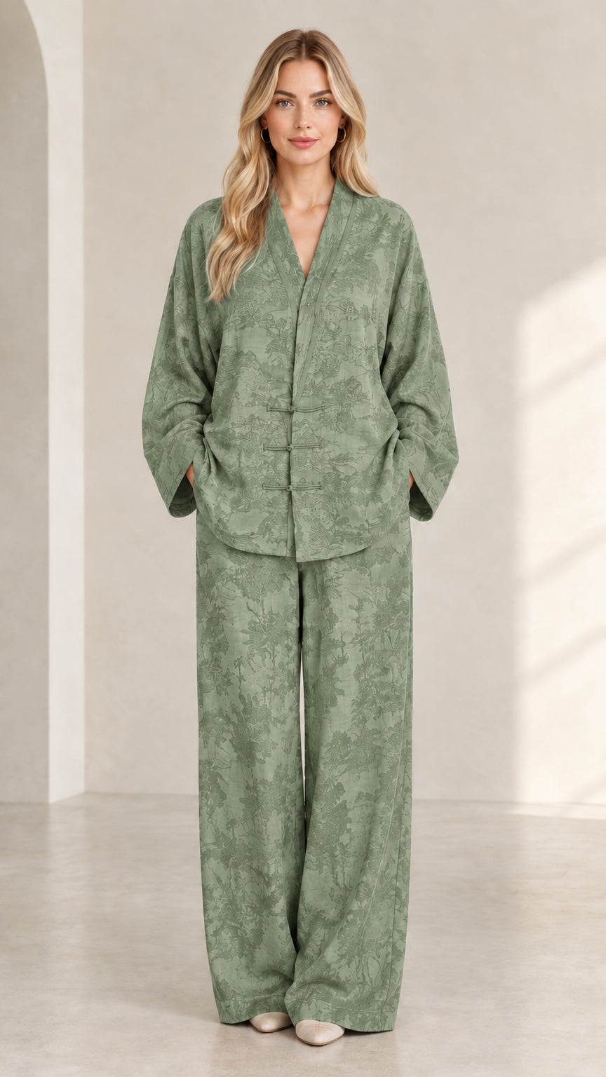Full front view of women's sage green jacquard long sleeve top and pants set