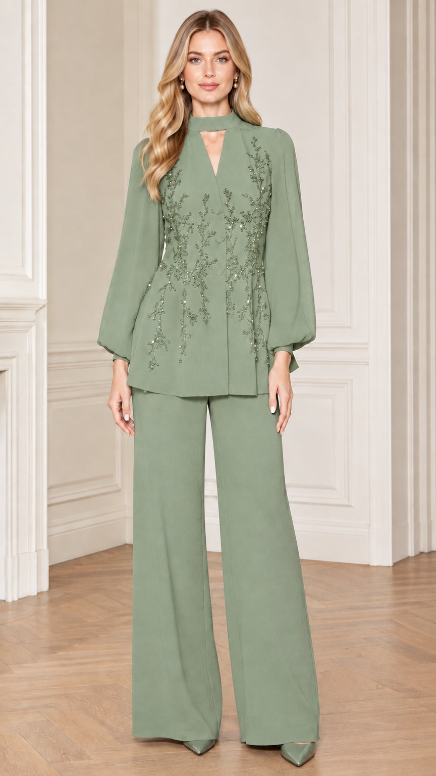 Sage Green beaded choker neck evening pant suit front view