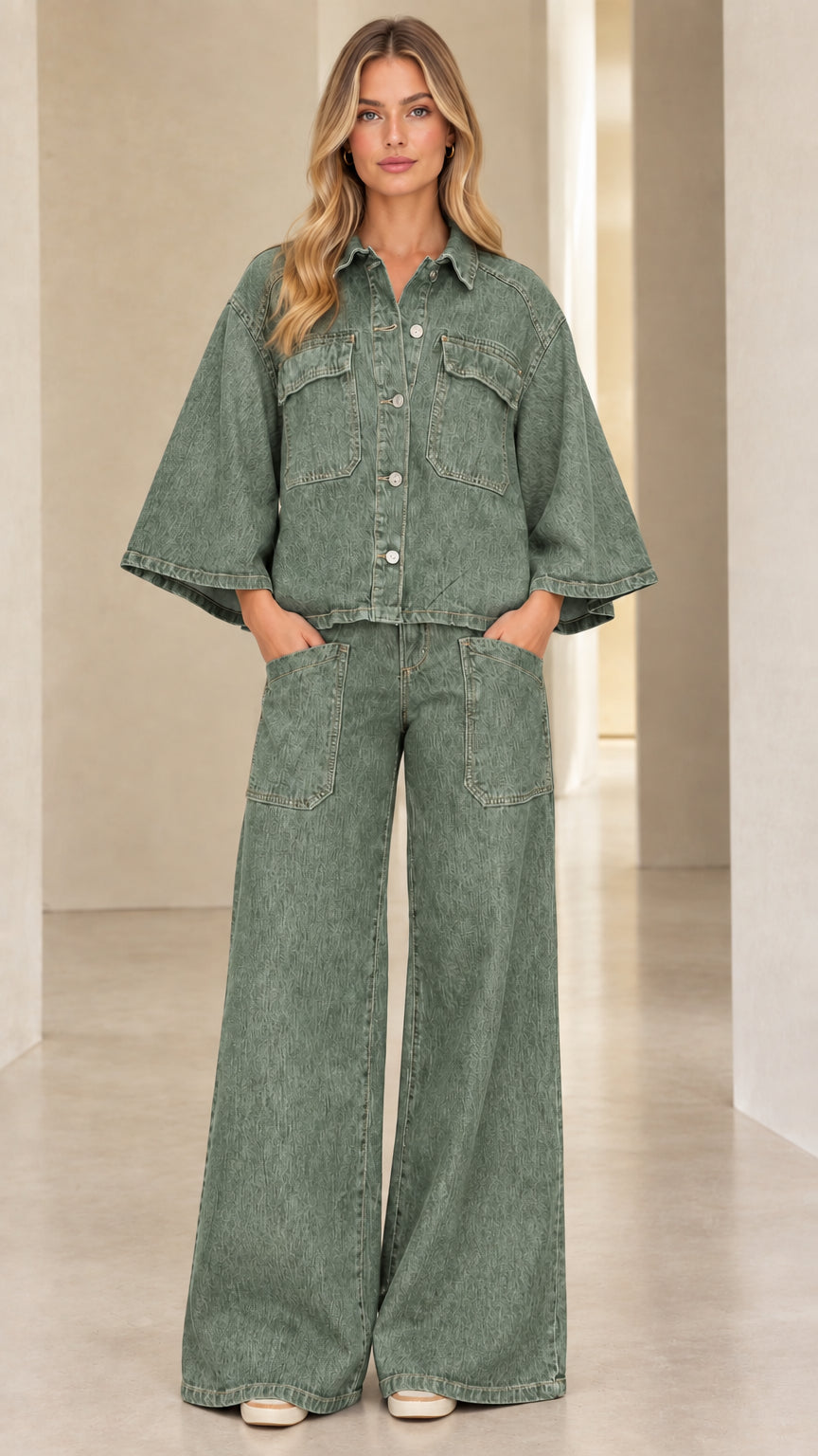 Full-length view of model wearing Sage Green denim matching two-piece set
