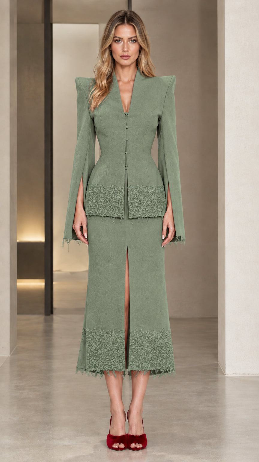 Front view of model wearing the sage green elegant skirt suit set