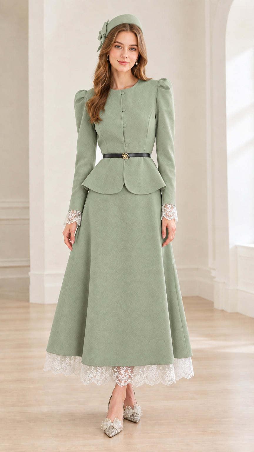 Front view of woman wearing sage green vintage peplum jacket and lace-trimmed skirt set