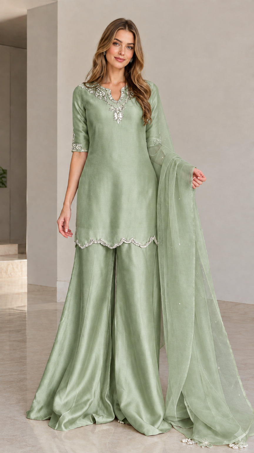 Model wearing sage green embellished kurta sharara 3-piece set with matching dupatta