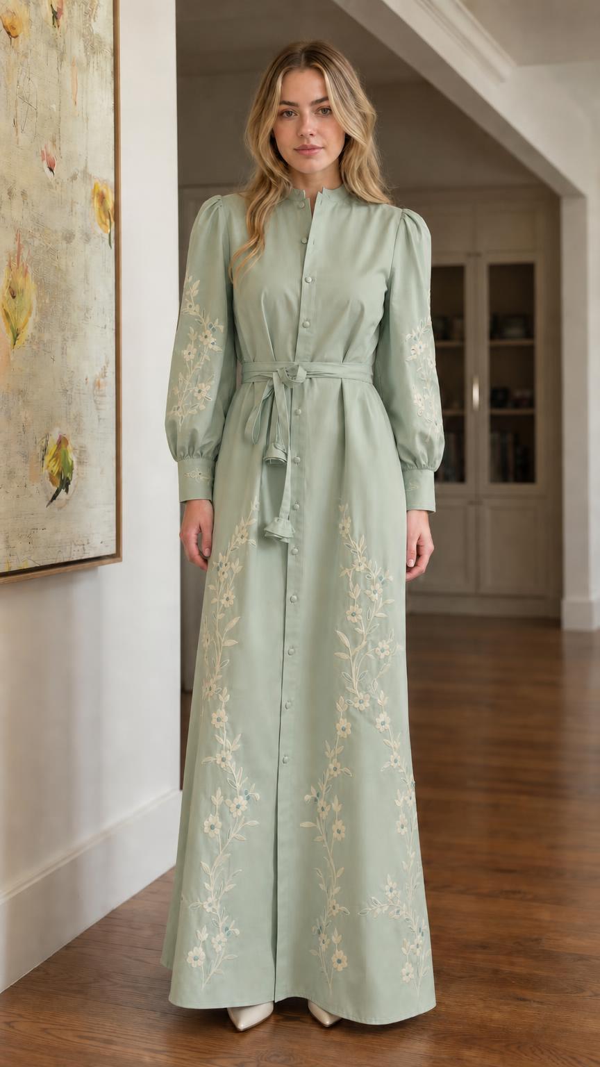 Front view of sage green floral embroidered maxi dress