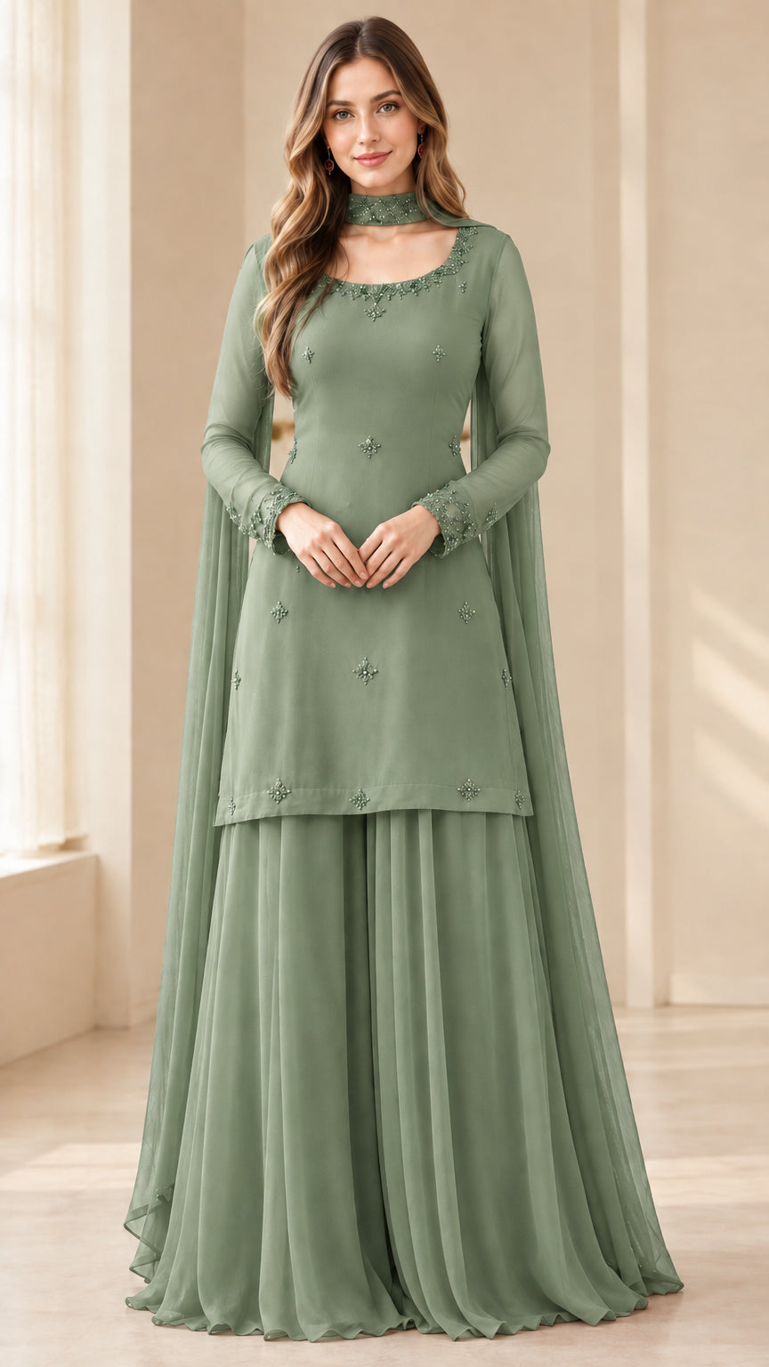 Front full-length view of woman in sage green festive sharara suit set