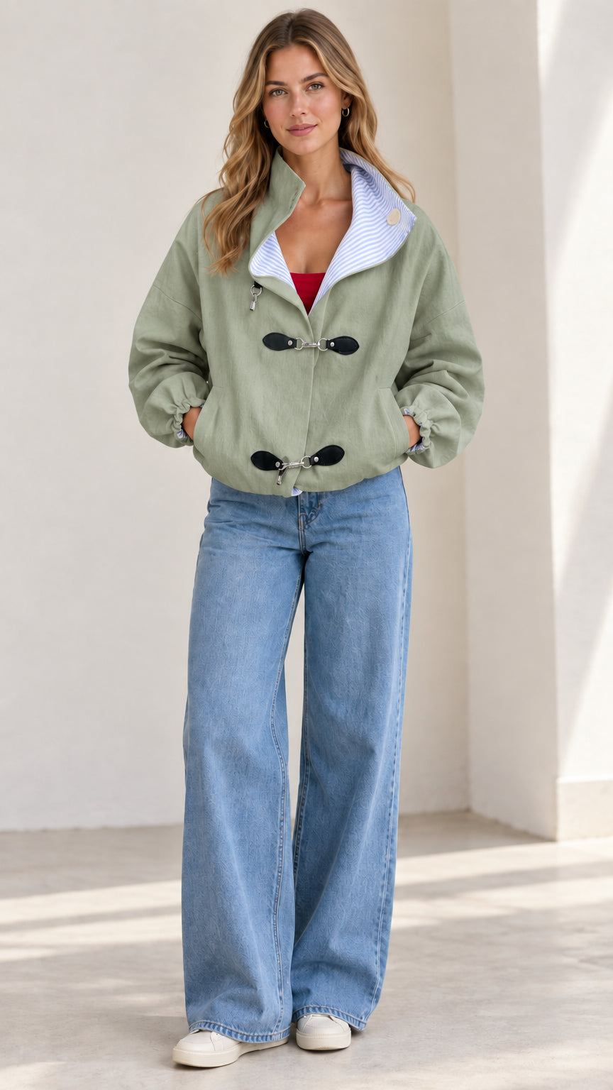 Front full-length view of the sage green relaxed buckle jacket styled with denim trousers