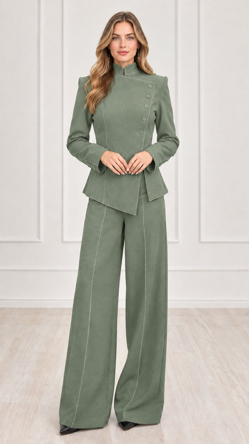 Full length view of women's sage green asymmetric blazer and wide-leg pants set