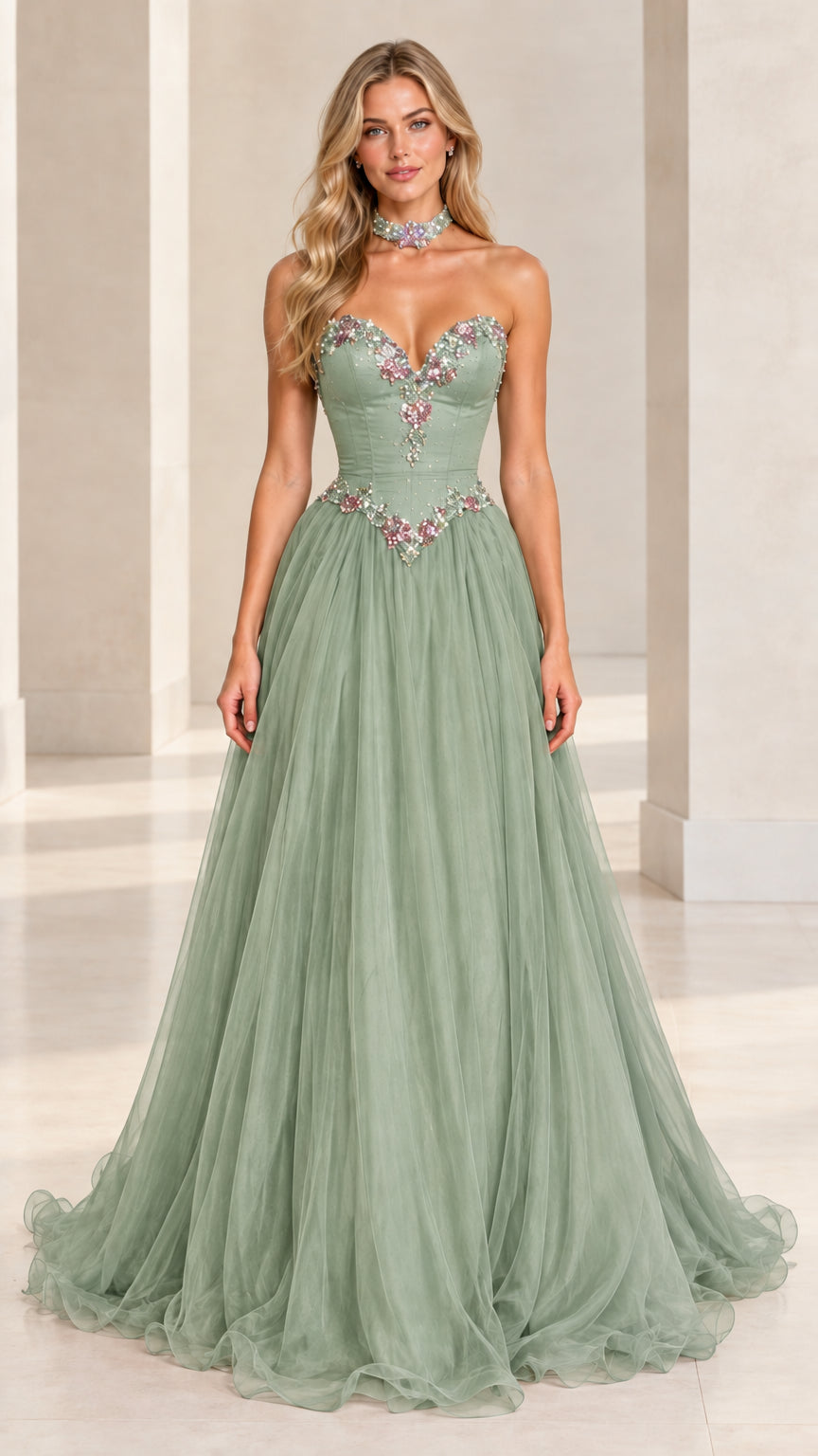 Front view of model wearing sage green sweetheart beaded tulle ballgown