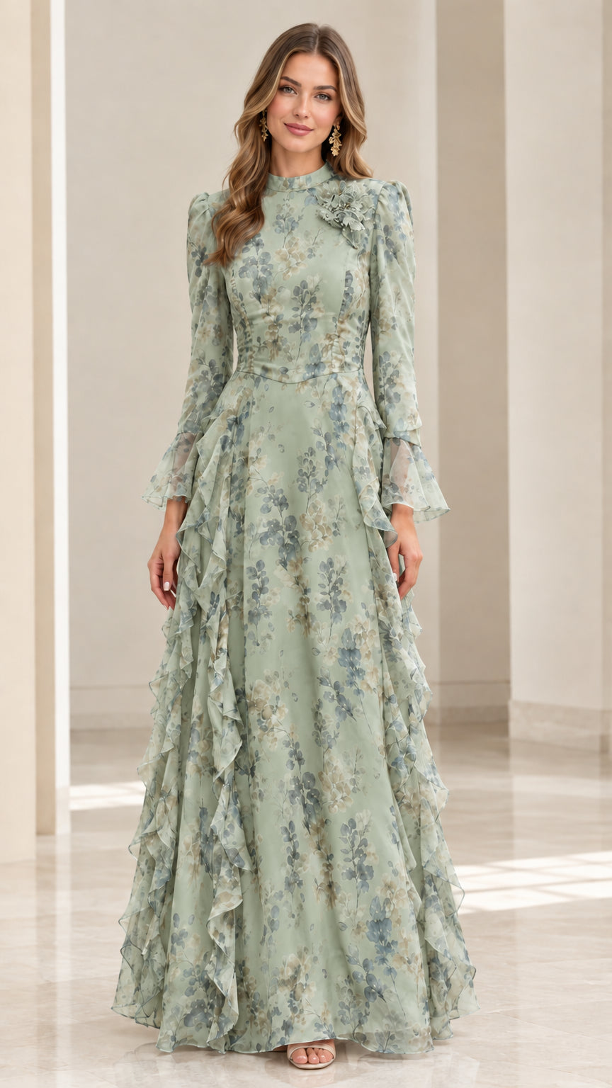 Front view of model wearing sage green floral long sleeve ruffle evening dress