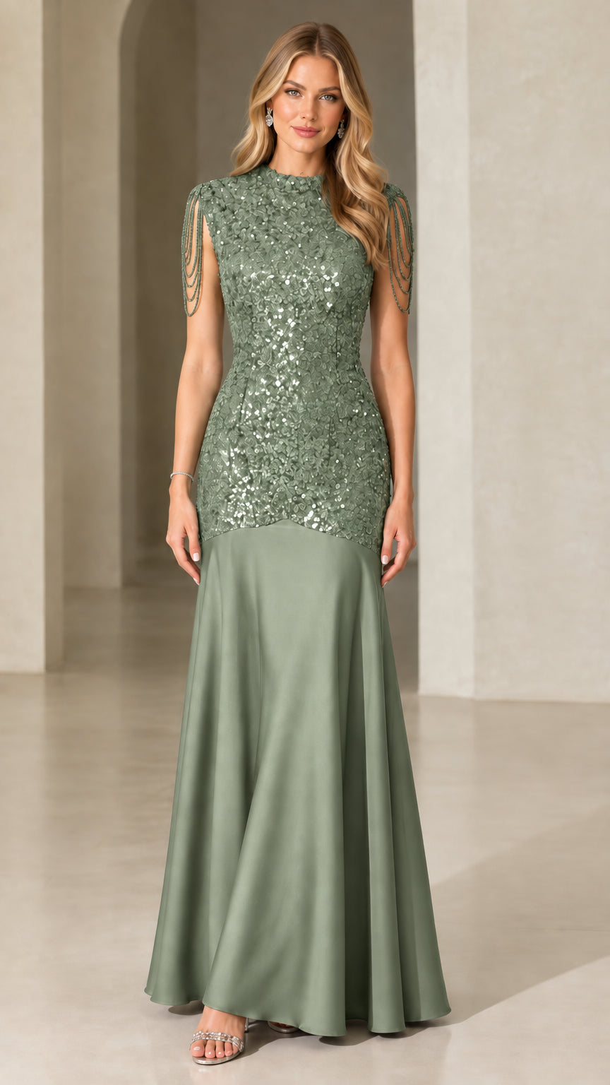 Front view of sage green sequin mermaid evening gown with shoulder bead fringe
