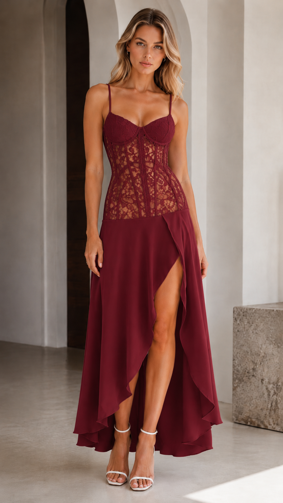 Burgundy sleeveless lace bodice high-low maxi dress
