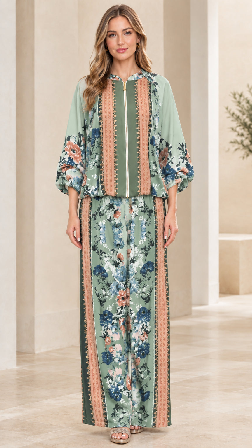 Full-length front view of model wearing Sage Green floral print matching pant set